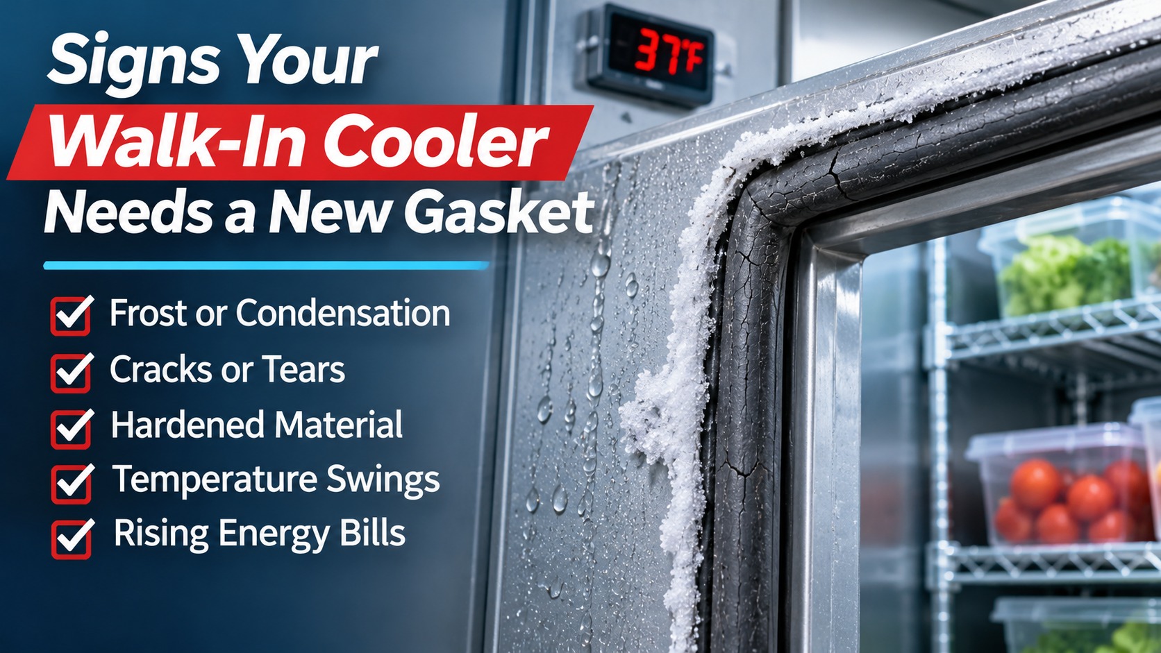Cracked walk-in cooler door gasket with frost and condensation buildup, alongside a checklist of warning signs that the seal needs replacement.