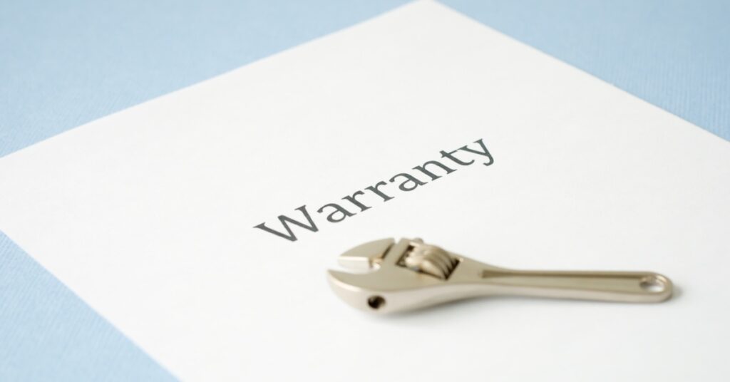 A white sheet of paper displaying the word “warranty” in the middle, with a metal wrench lying on top.