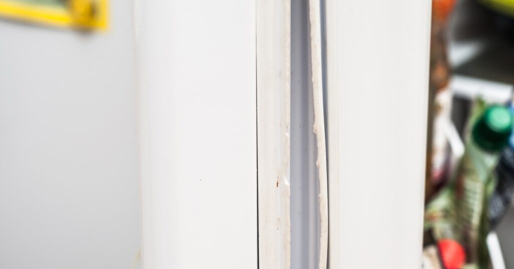 A close-up of a worn, dirty, warped rubber gasket on the side of a white door with blurred stuff in the background.