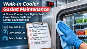 Gloved hand cleaning a walk-in cooler door gasket with a microfiber cloth, alongside a maintenance checklist for extending gasket life.
