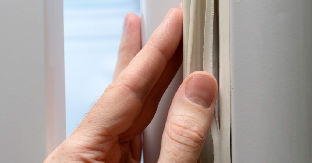 A close-up of a hand pulling on a white gasket, showing a torn edge attached to the side of a white door.