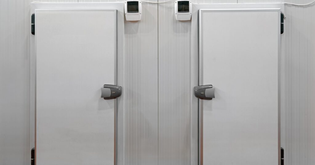 Two large white freezer doors with black hinges and large handles next to each other on a large white wall indoors.