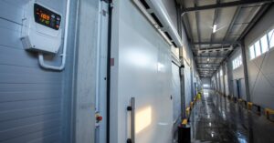 A large commercial refrigerator door with a black gasket, next to a digital thermometer on the wall in a long hallway.