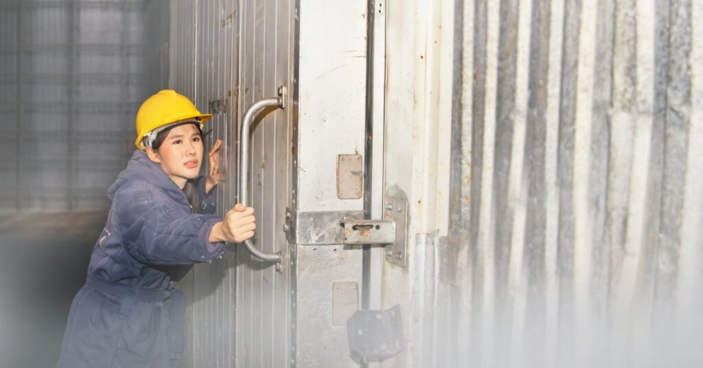 Technician inspecting the door handle of a commercial walk-in cooler for gasket wear