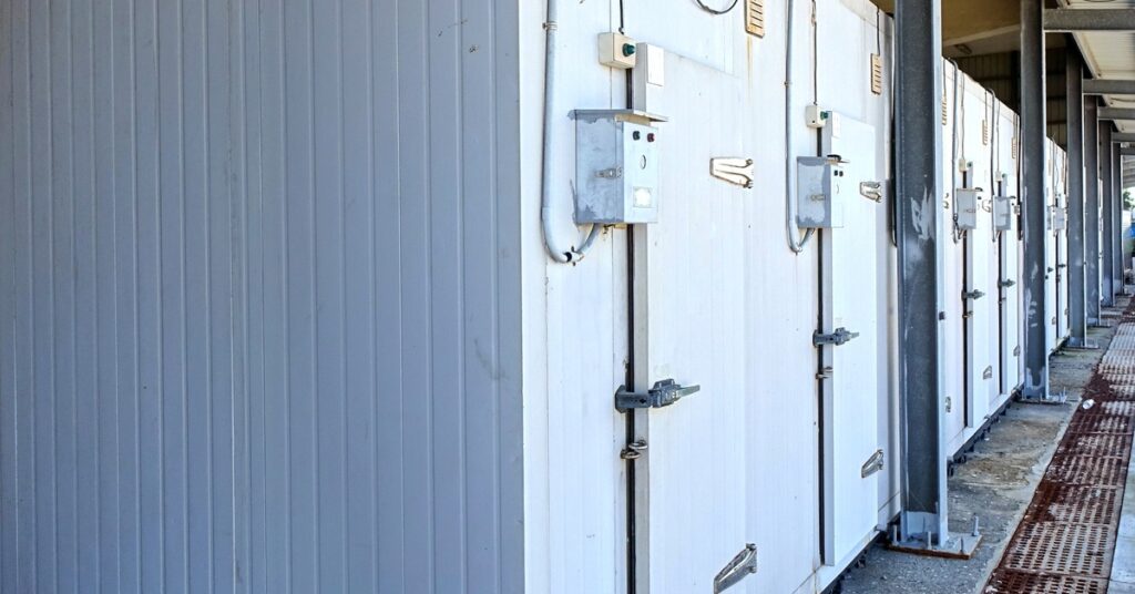 Multiple large outdoor freezers aligned with large metal hinges and handles, placed on a long concrete slab.